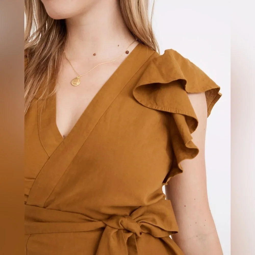 Madewell Linen-Blend Ruffle-Sleeve Wrap Midi Dress, Size S